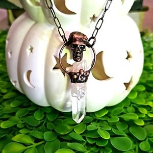 Large Natural Quartz Crystal Electroplated Skull Artisan Pendant Necklace